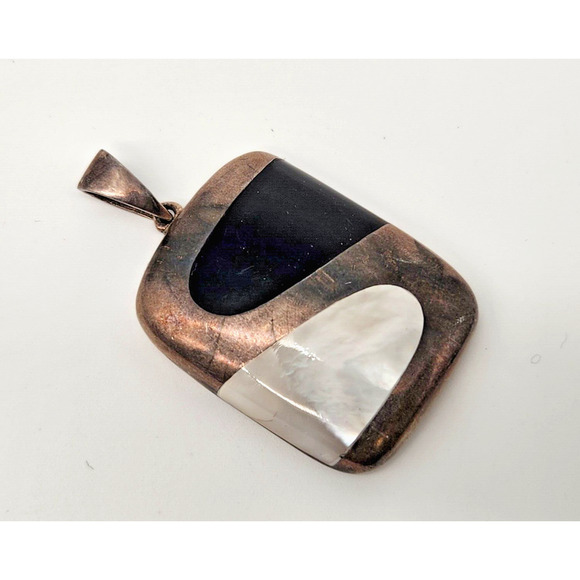 Black Onyx & Mother Of Pearl Sterling Silver Rectangular Pendant - Picture 1 of 7